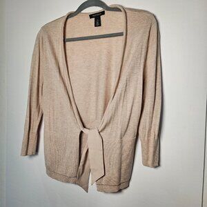 White House Black Market Tan Ribbon Tie Cardigan MEDIUM 3/4 Sleeve Stretch Knit
